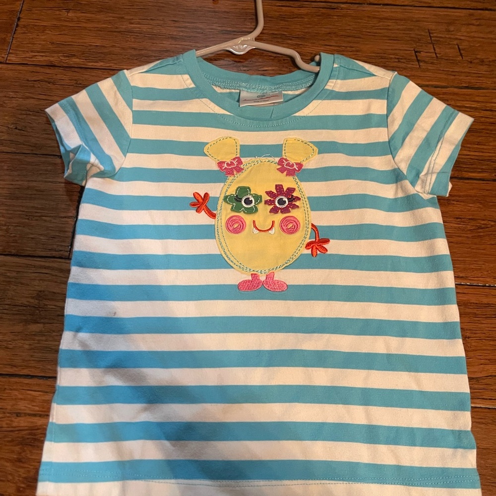 Hanna Anderson Striped Blue and White with lemon monster applique Kids Shirt